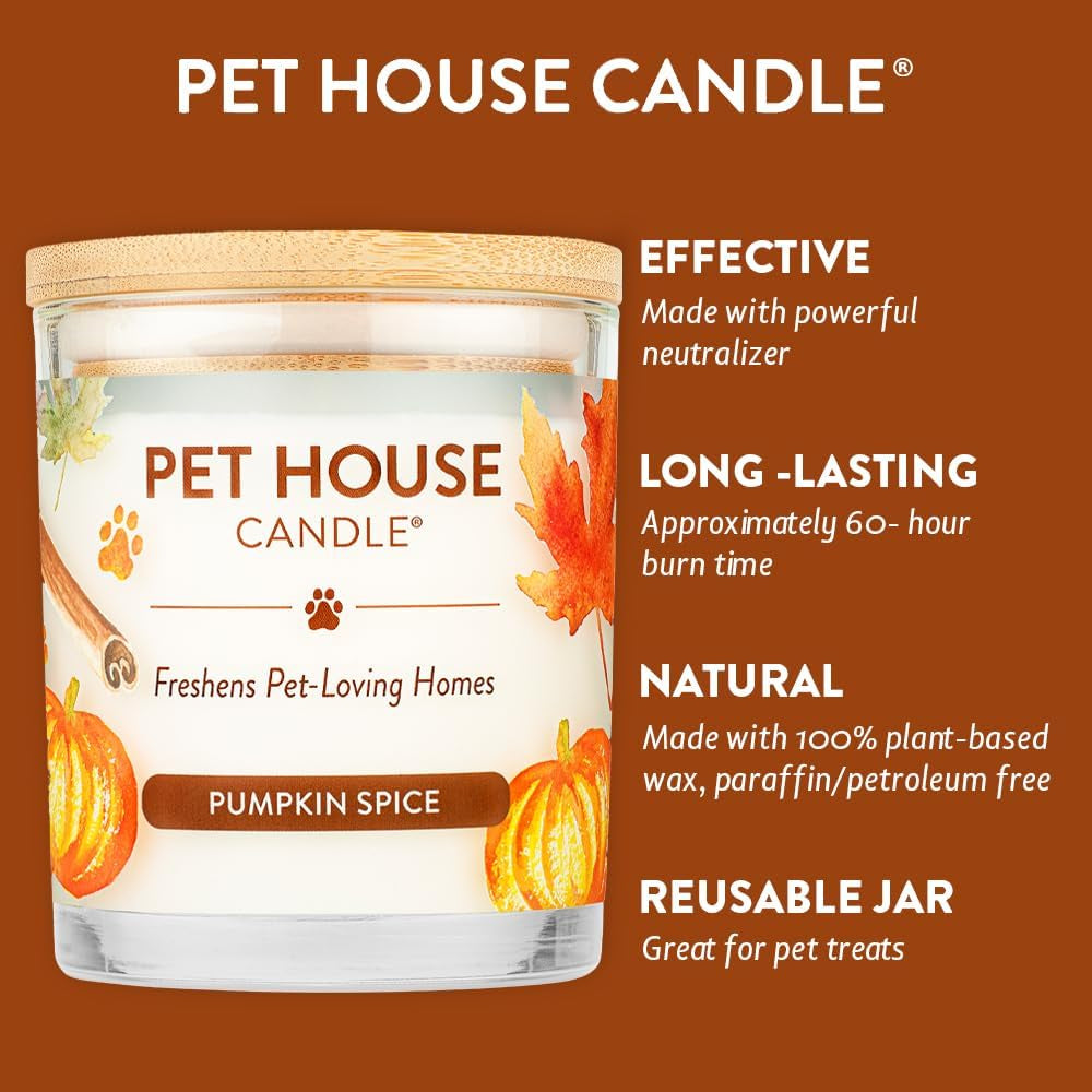 - 100% Natural Soy Wax Candle - Pet Odor Eliminator, up to 60 Hours Burn Time, Non-Toxic, Eco-Friendly Reusable Glass Jar Scented Candles – Pumpkin Spice - Pack of 2